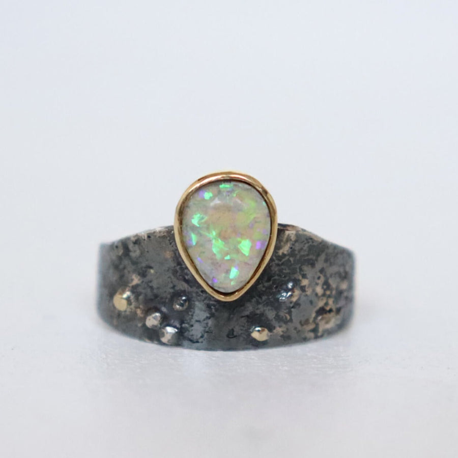 silver & gold ring for women, small size, with green blue flash opal, handmade by roffjewellery.com