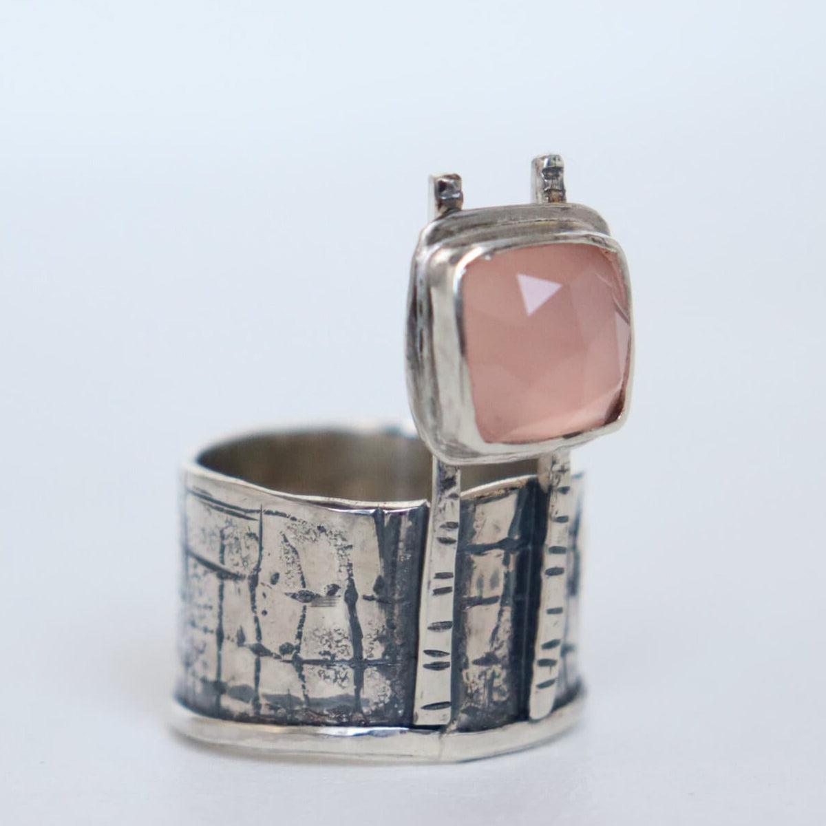 silver art jewelry ring with pink stone, large size, statement ring, handmade by roff jewellery