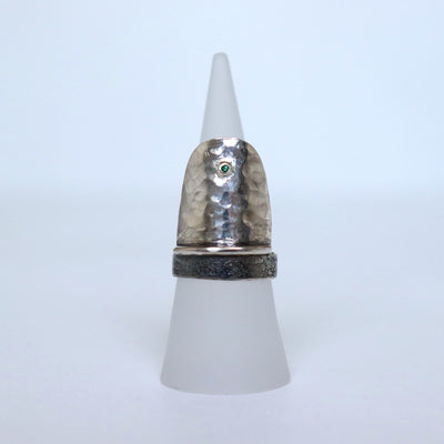 silver emerald ring. unusual designer ring, hammered oxidized silver ring, handmade by roffjewellery