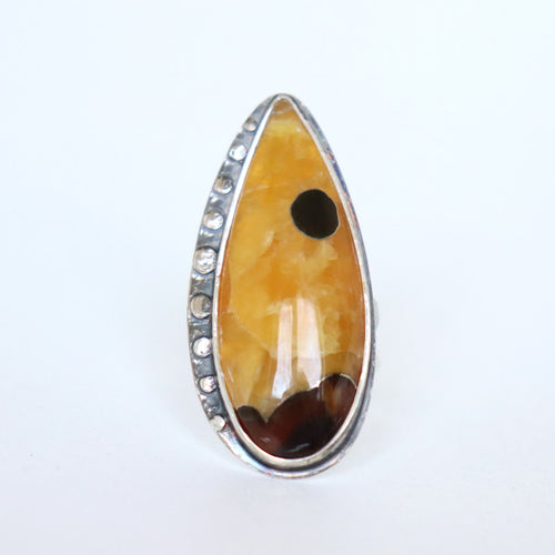 rare yellow gemstone ring with silver dots, adjustable size, fossil ring, handmade by roff jewellery