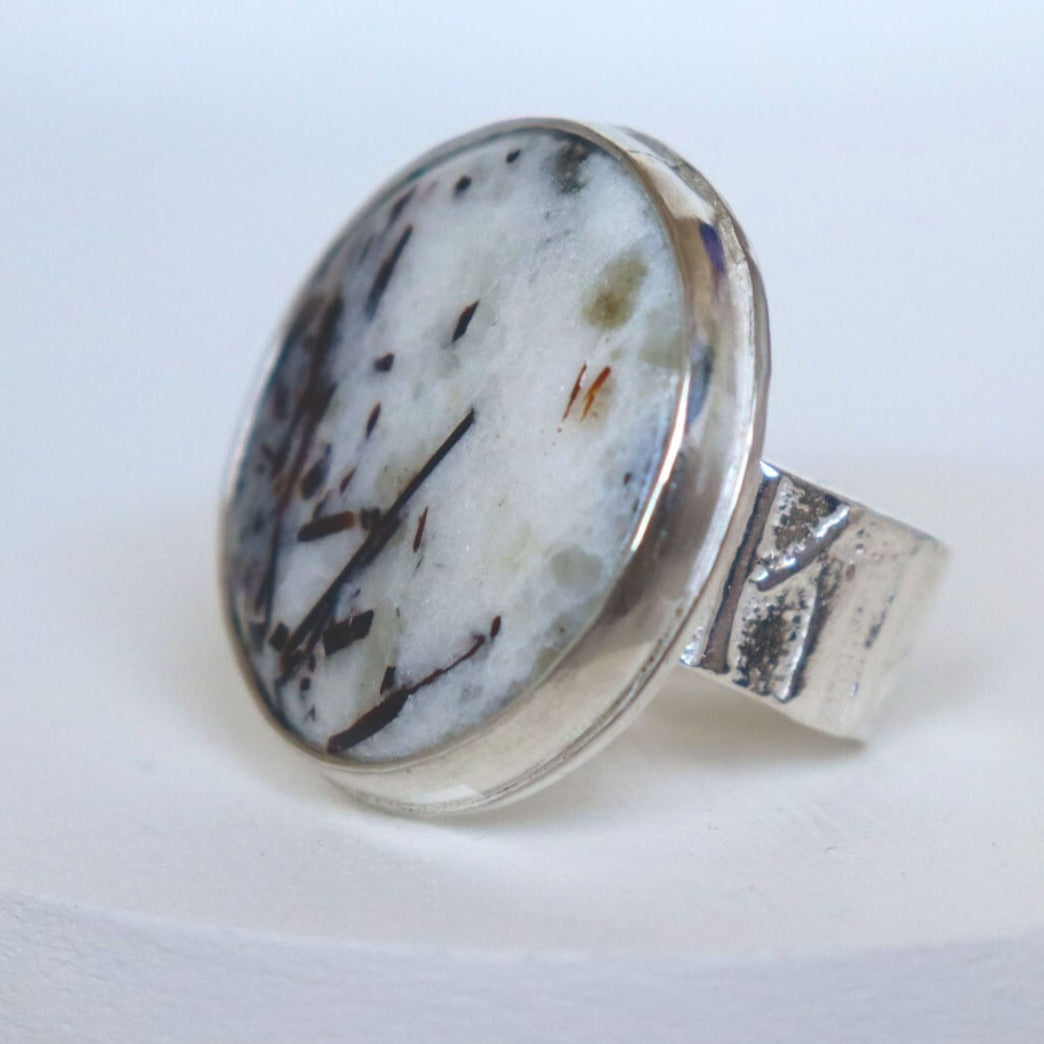 white stone ring, suitable for all sizes. chunky silver ring with stone by roff jewellery