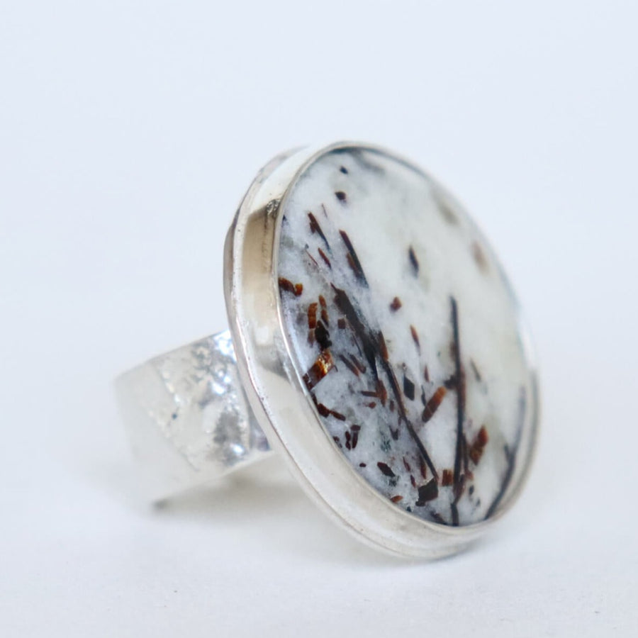 astrophillyte stone set in textured silver, open back adjustable ring, handmade by roff jewellery