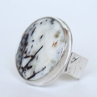 Rare gemstone ring needle inclusions in bronze and black. handmade silver ring by roff jewellery