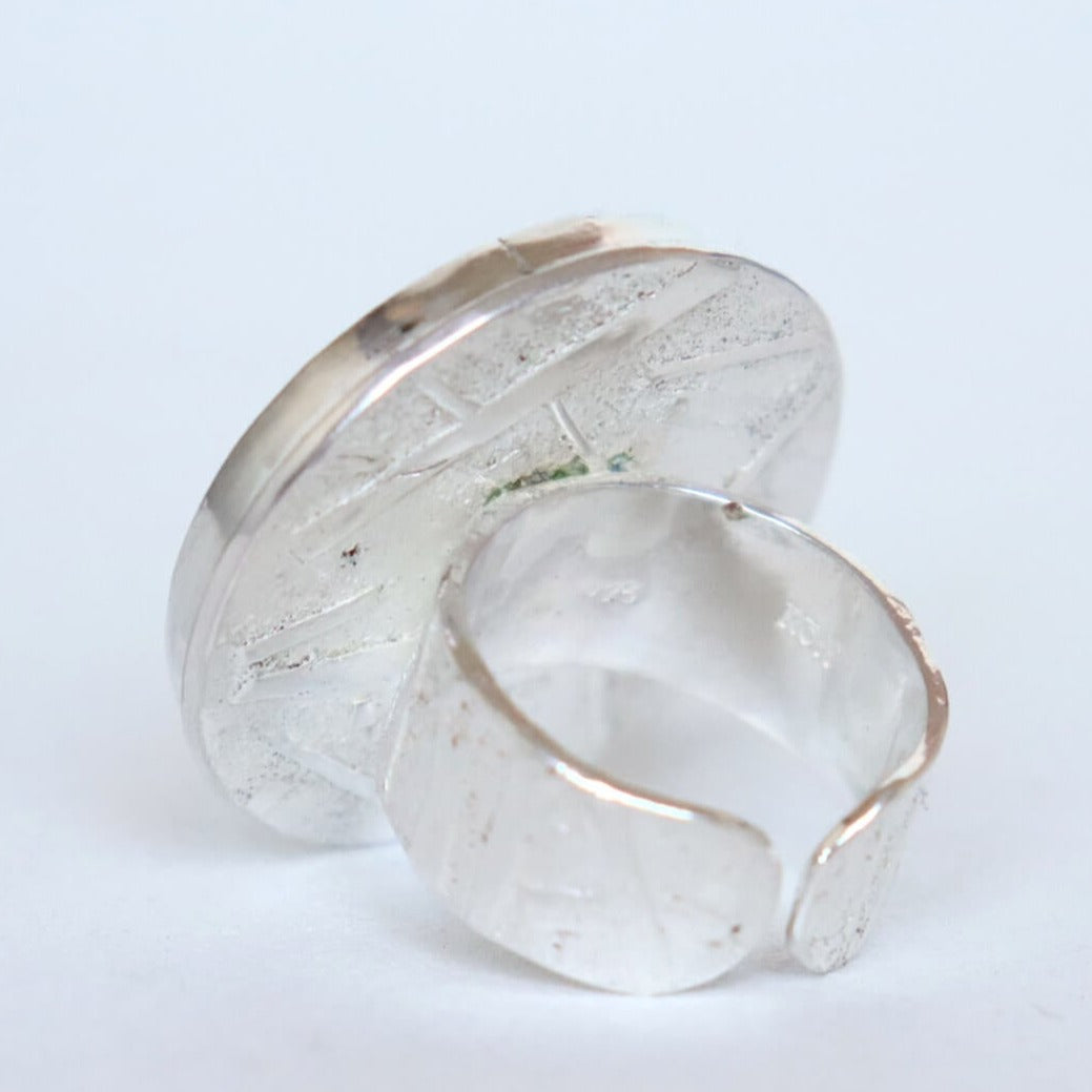 Rough silver ring with lots of pattern and texture. adjustable ring, handcrafted by roff jewellery