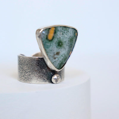 oxidized silver ring with texture,ocean jasper gemstone ,adjustable wide ring band, handmade by roff