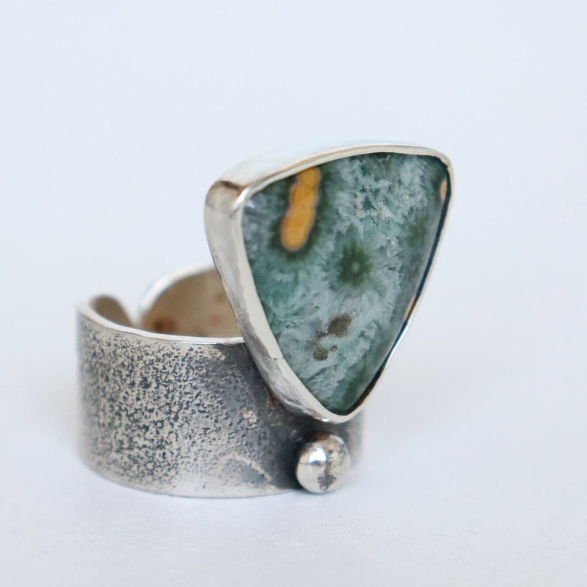 Adjustable textured silver ring, open in the back. Chunky ocean jasper ring, handmade ring by roff