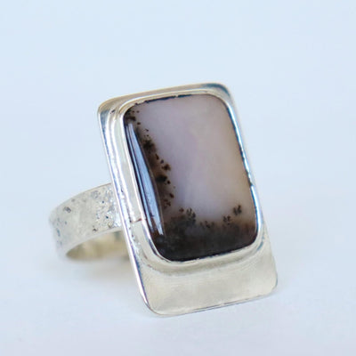 rectangular silver ring with dendritic agate. handmade silver ring by roff jewellery