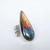 gold and blue flash labradorite in tapered open back silver ring, handmade by roff jewellery