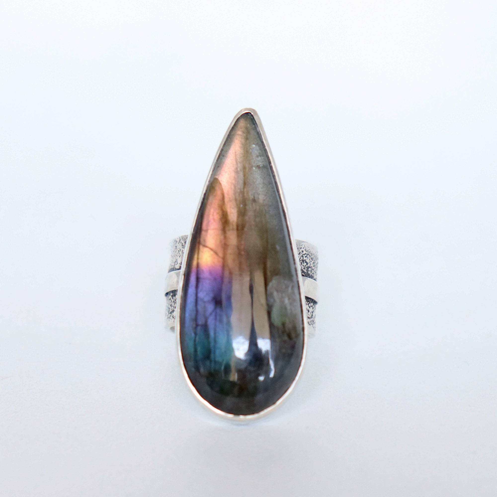 blue purple gold labradorite gemstone ring in oxidized silver, handmade by roffjewellery.com