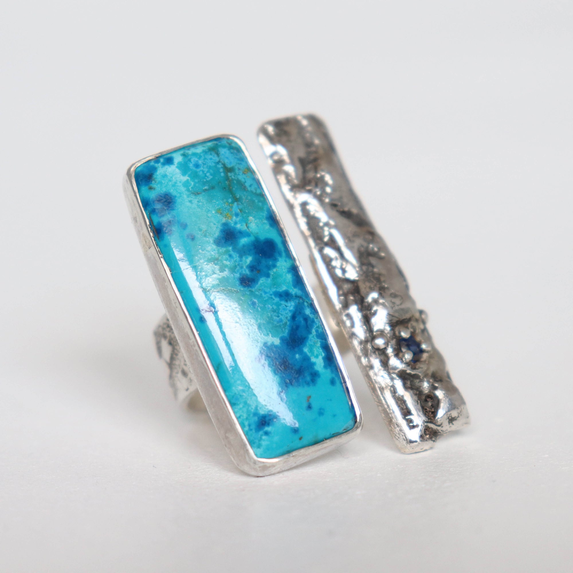 azurite ring adjustable size, artistic design, oxidized silver ring, handmade by roff jewellery