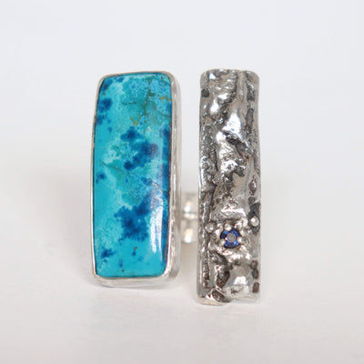 artistic silver ring with textured silver,azurite and kyanite. unique bench jewelller roff jewellery