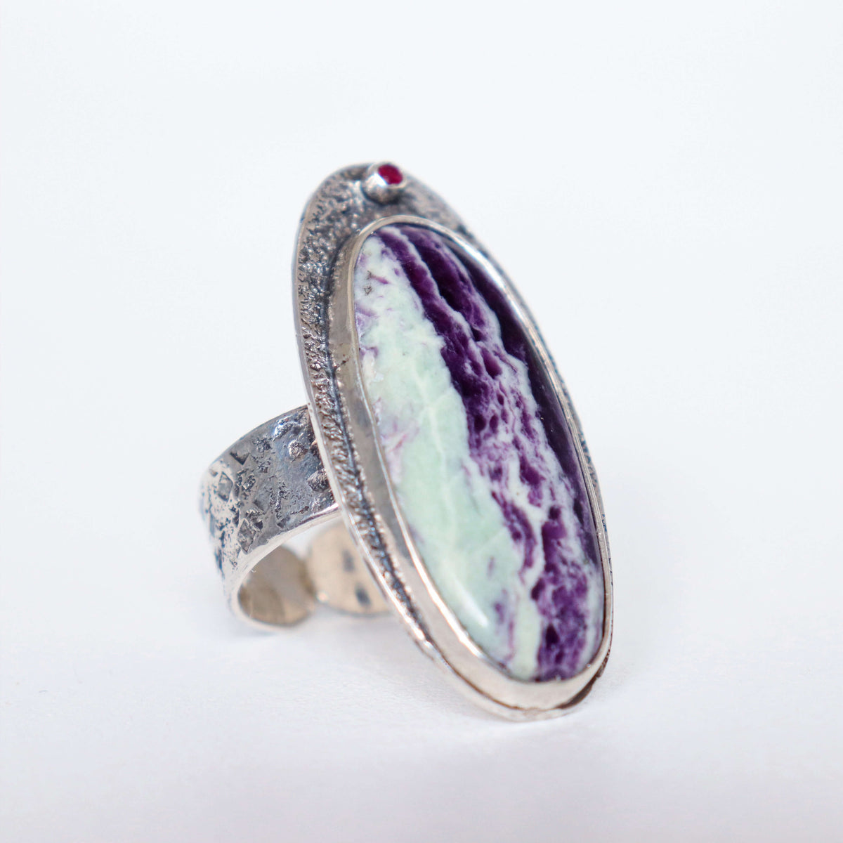 adjustable silver ring with gemstones, purple stone ring, handcrafted by Roff Jewellery