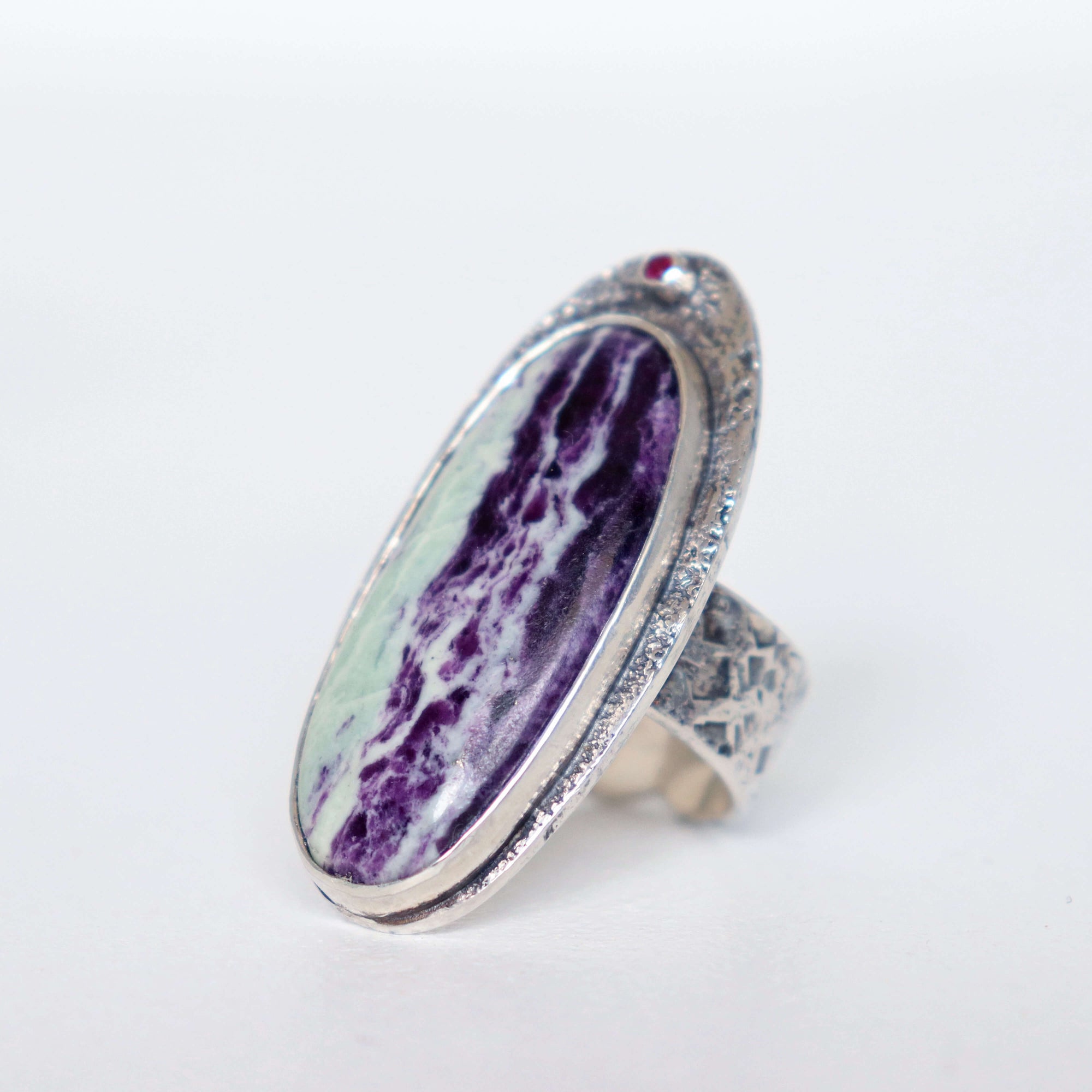 Kammererite and ruby ring, 925 silver, adjustable, handmade by small business roff jewellery