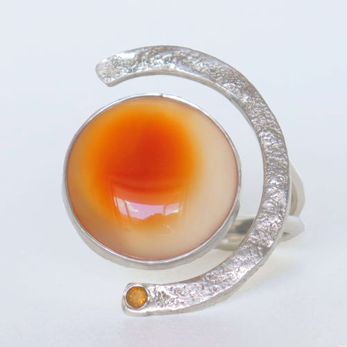 one of a kind silver retro ring with large carnelian and orange sapphire, handmade by roff jewellery