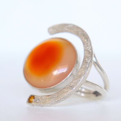 bold statement ring with orange stones and rough textured silver, adjustable, handmade by roff