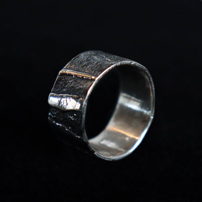 wide silver ring for him and her with horizontal stripes, oxidised silver, handmade by roff