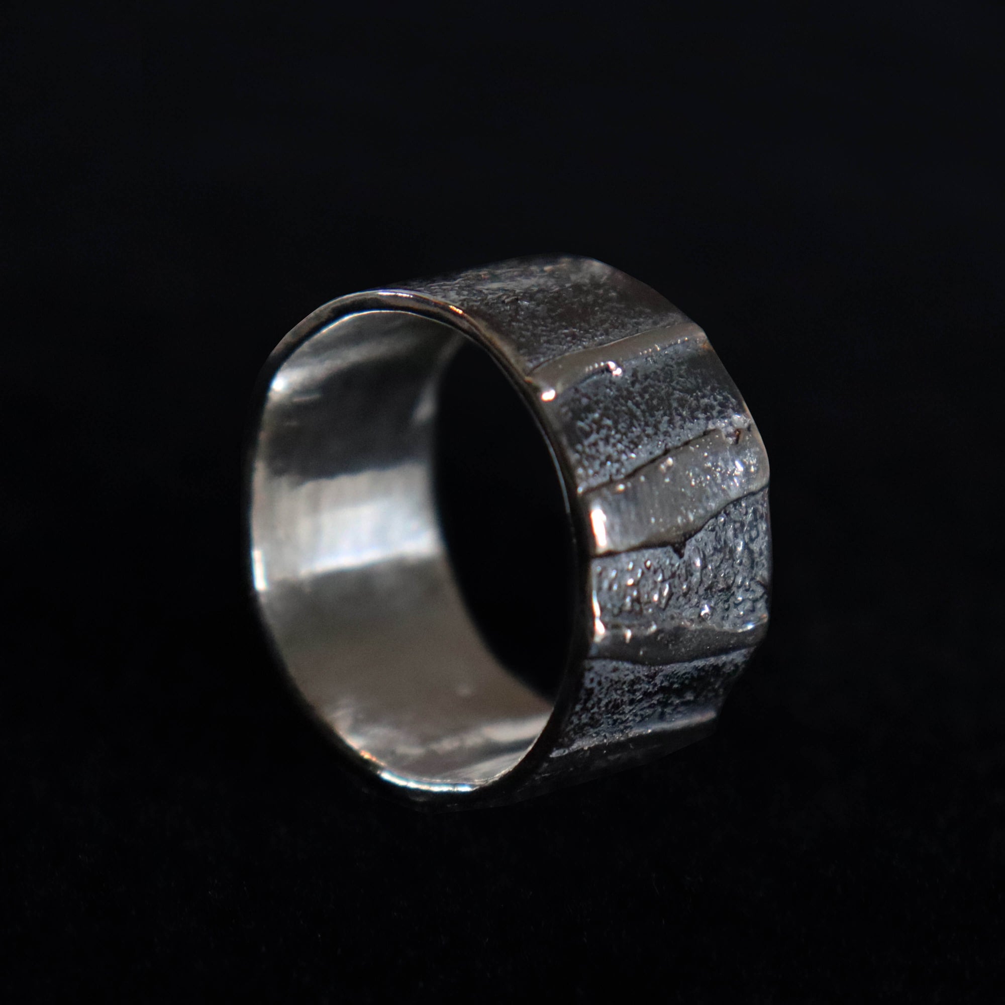 textured silver mens ring, viking ring in black and white silver, handmade by roff jewellery