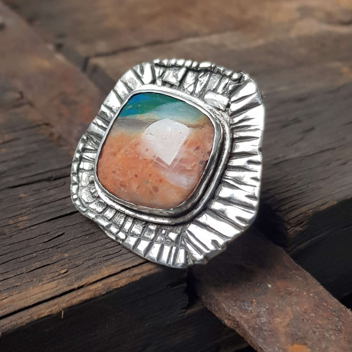 Peruvian opal ring set in textured 925 silver in modern design. hand crafted by roff jewellery