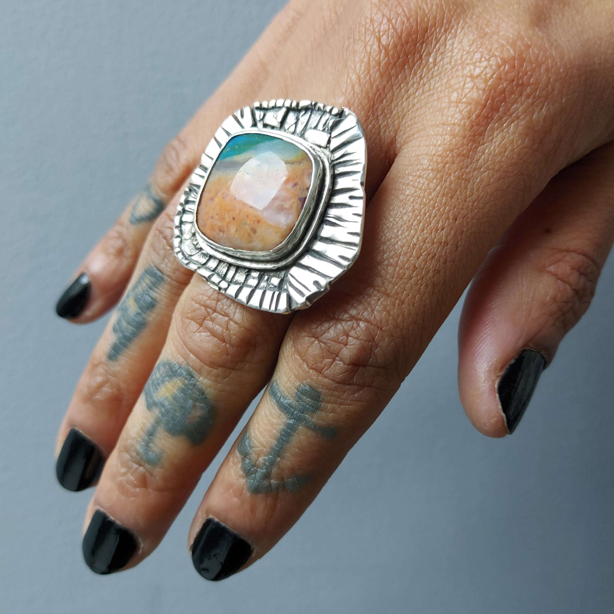 unusual artisan ring, modern silver ring with gemstone, hand crafted by roff