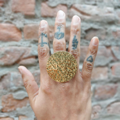 Bold ring, hand crafted by roff jewellery, made of brass, hammered copper, unique jewelry design
