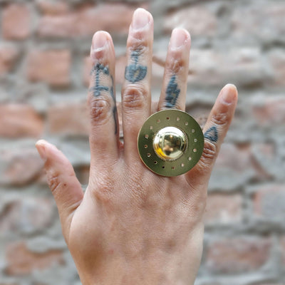 Bold gold statement ring, made of yellow copper,chunky ring handmade by roff jewellery