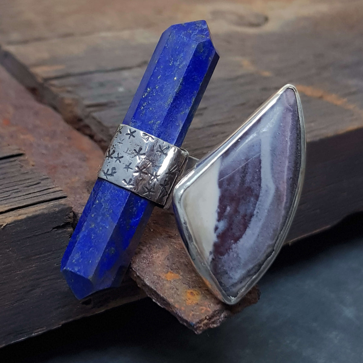 lapis and jasper ring, hammered oxidized silver ring, wide adjustable ring, handmade roff jewellery
