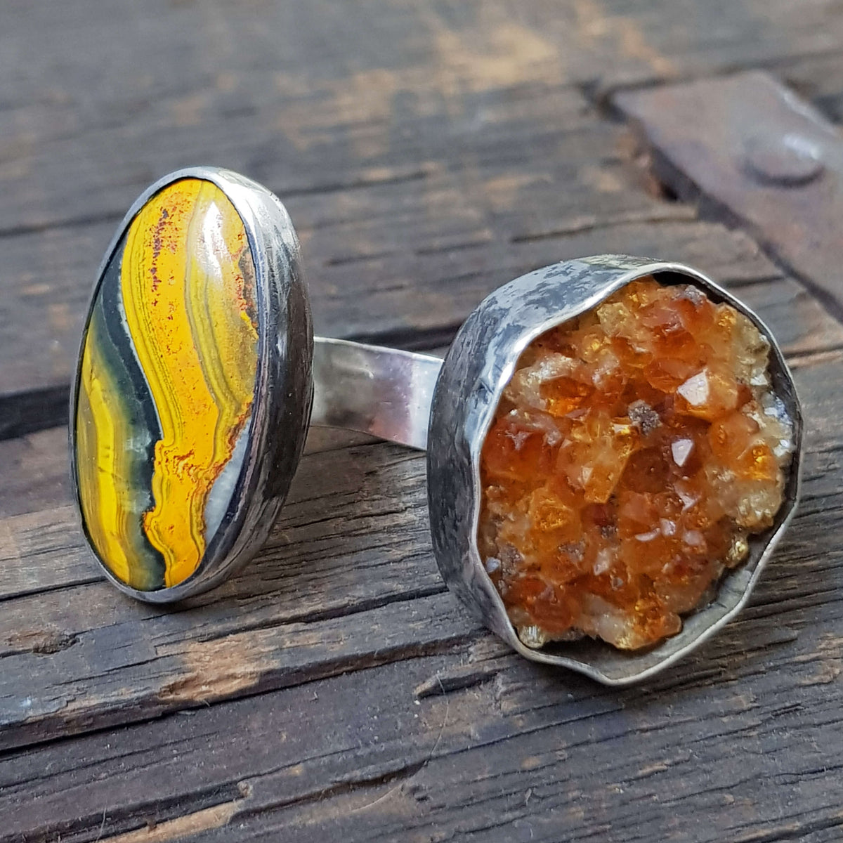 Edgy bumblebee jasper ring with citrine. oxidized silver ring by roff jewellery
