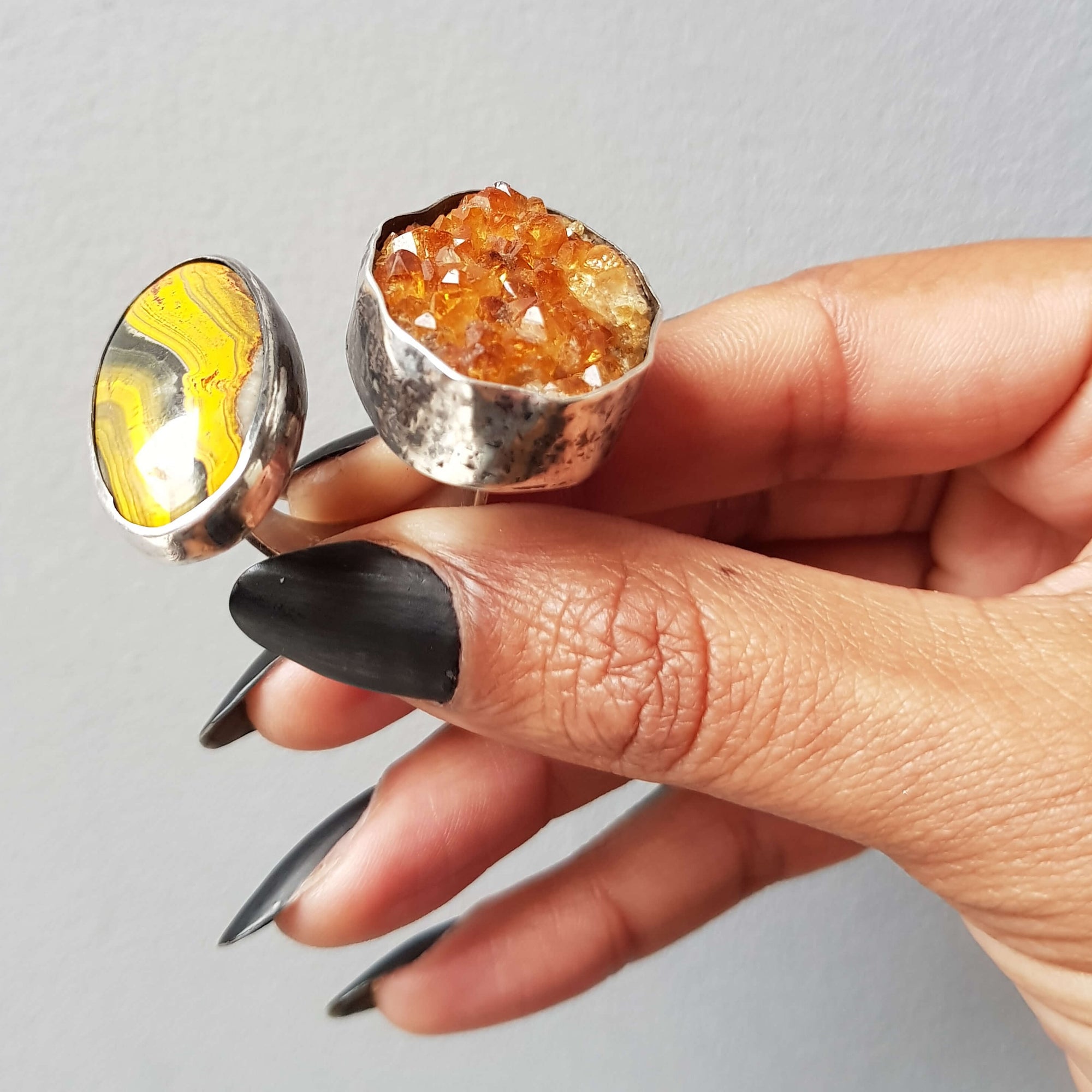 Handmade oxidized silver ring with texture .bumblebee jasper and raw citrine ring, roffjewellery.com