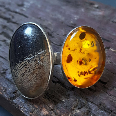 baltic amber ring with fossil stone, handmade statement ring, bold, adjustable size,  roff jewellery