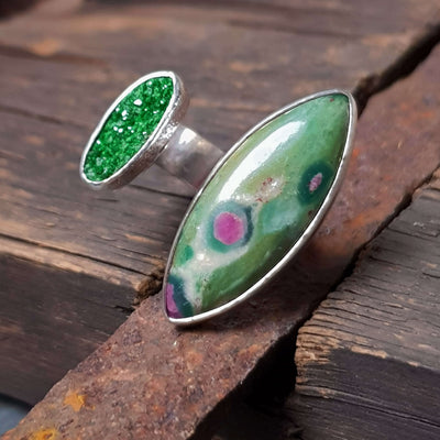 silver ring, open front, green druzy stone, uvavorite garnet ,ruby in fuchsite, handmade by roff