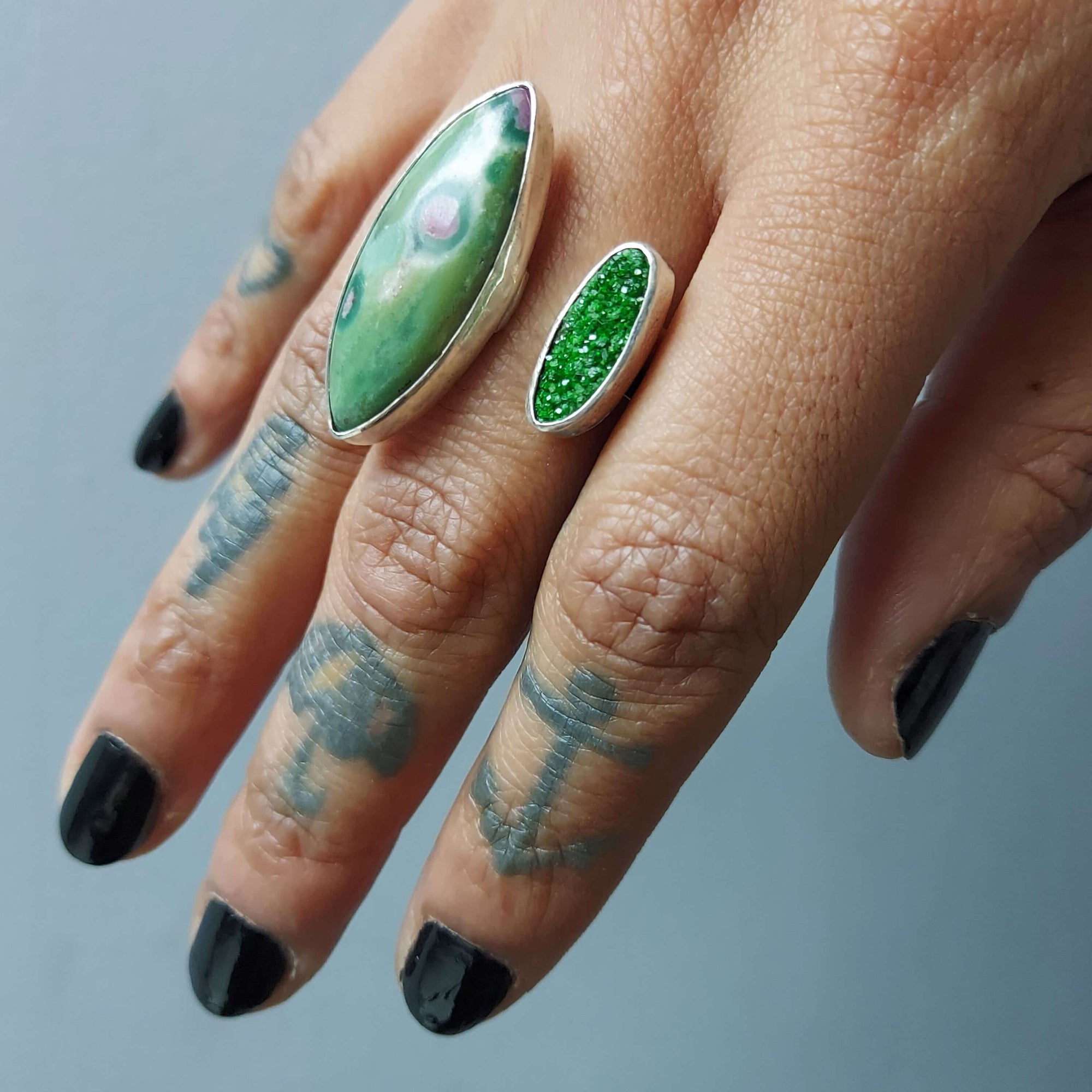 adjustable sterling silver ring, with drusy druzy stone and fuchsite, multistone, handmade by roff