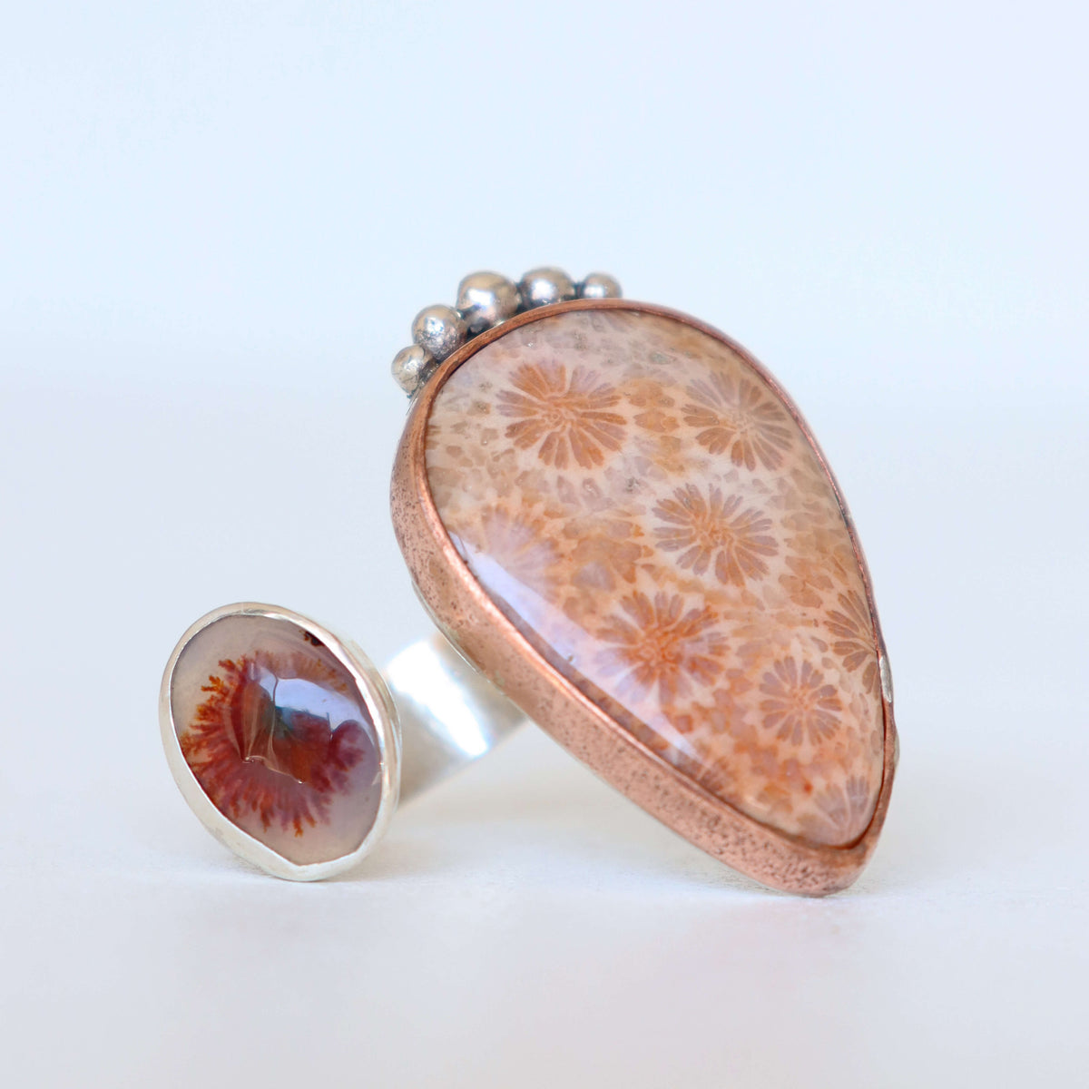 alternative style ring, cocktail ring with dendrite agate stone and fossil coral, handmade by roff