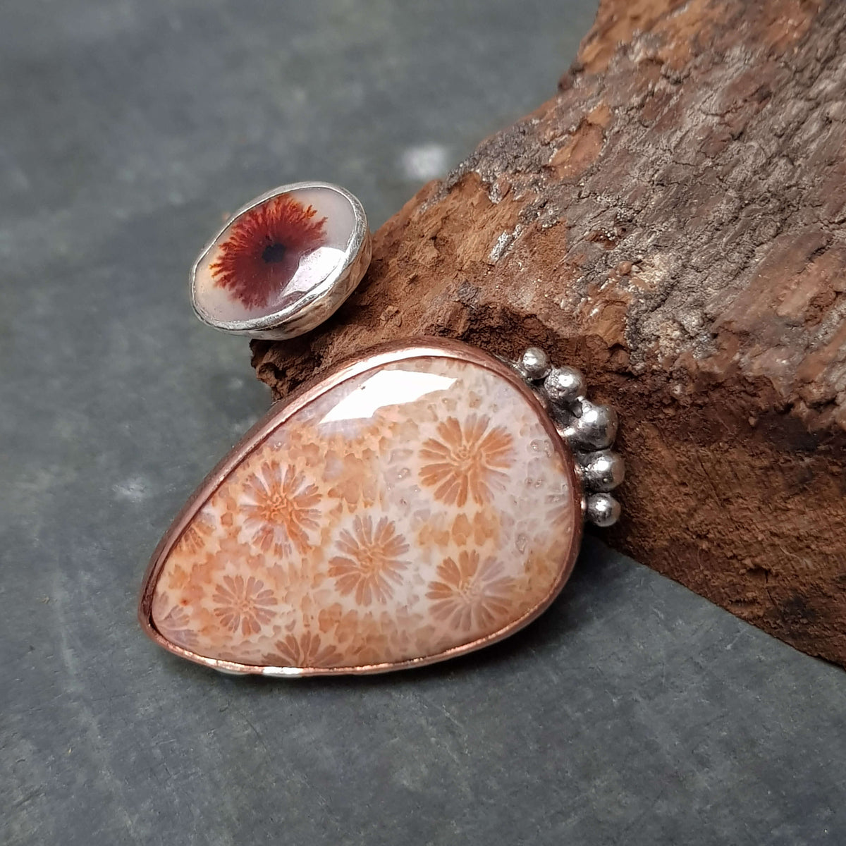 dendritic agate ring with fossil coral. adjustable silver ring, small size, handmade roff jewellery