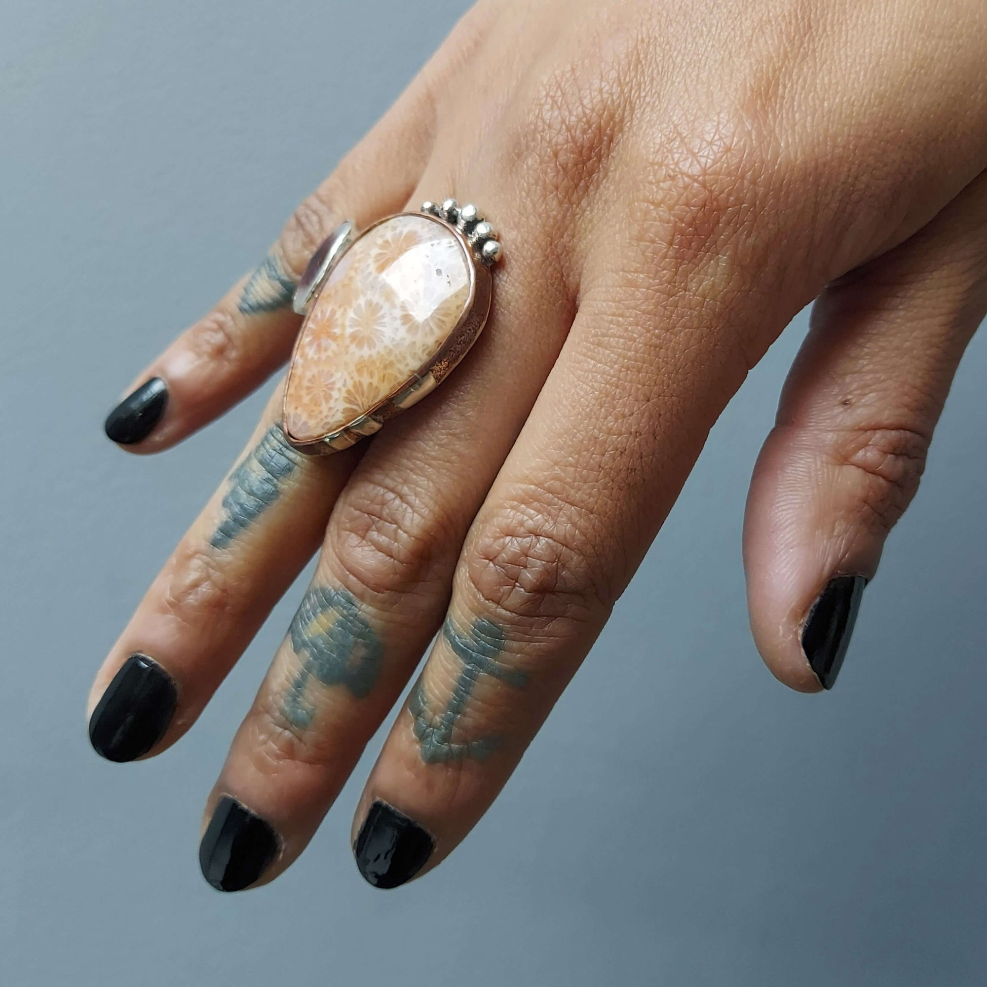 orange slice stone ring with moss agate, handmade designer ring, one of a kind ring roff jewellery