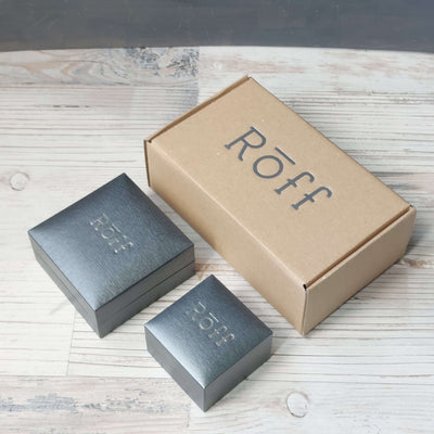 eco friendly packaging with roff jewellery logo, sustainable shipping boxes for jewelry
