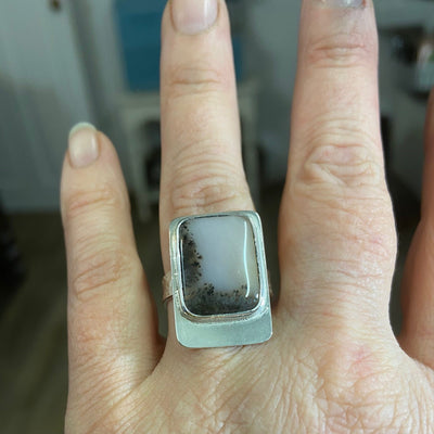 Modern silver ring with smooth finish, handmade silver ring with moss agate by roffjewellery.com