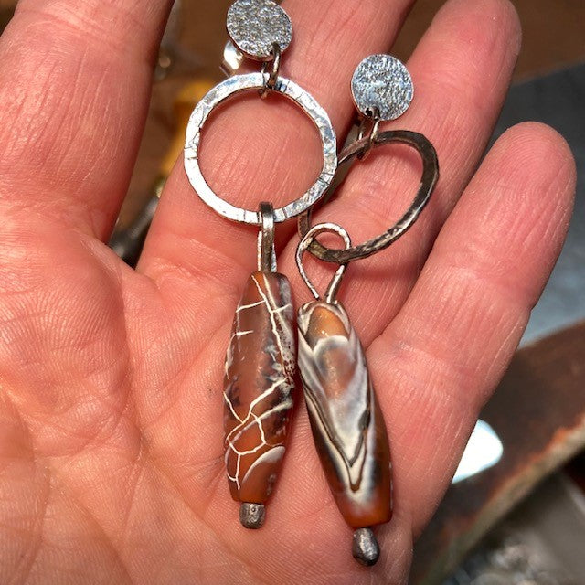 handmade silver earrings with agate beads, hammered, oxidized silver chunky earrings, by roff