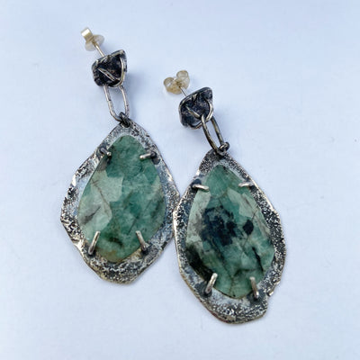 oxidized silver earrings, rustic earrings with raw emerald. handcrafted drop earrings by roff