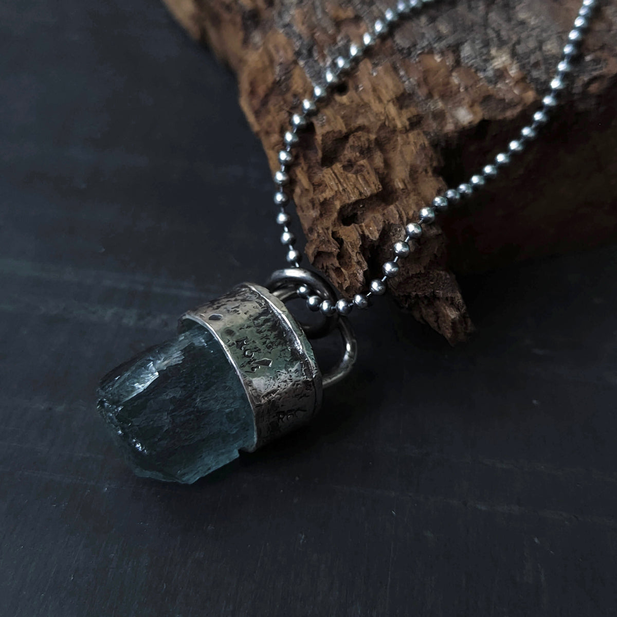 aquamarine necklace, raw crystal necklace with silver chain, handcrafted by roff jewellery
