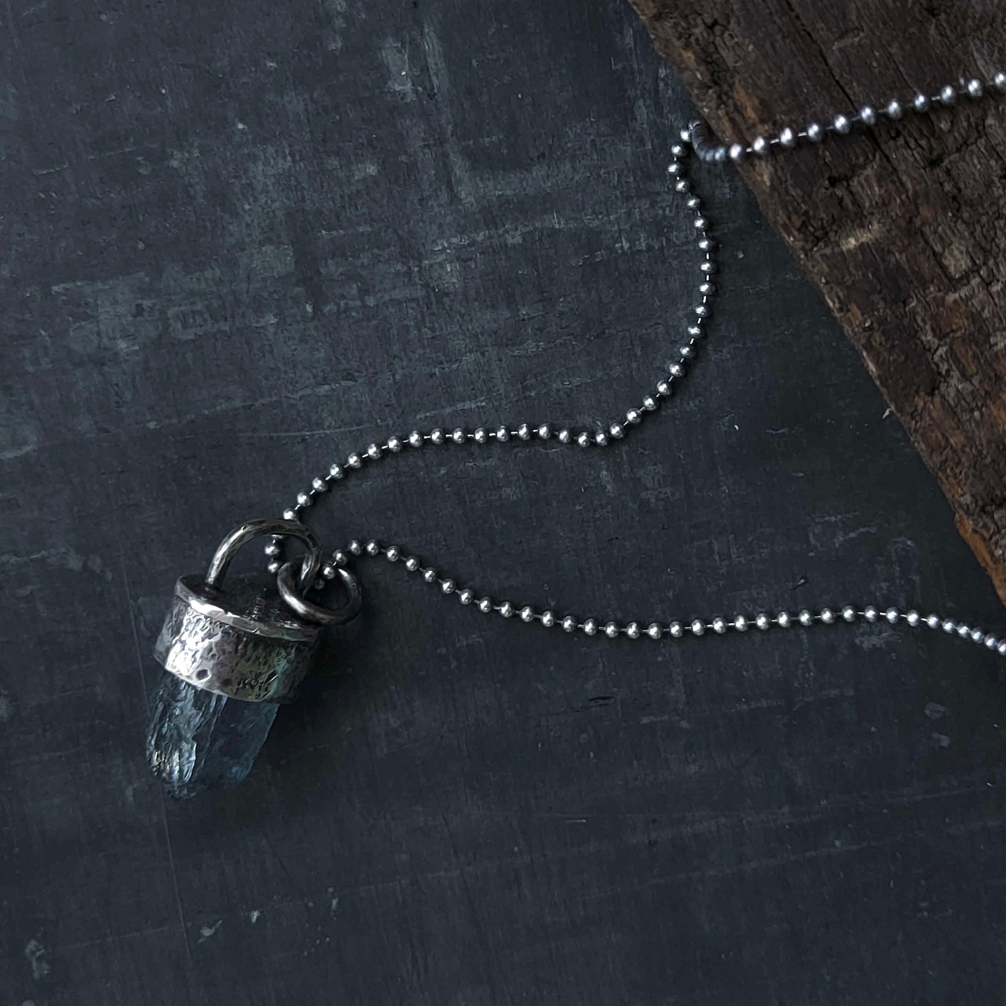 boho crystal necklace, textured silver and oxidized silver, handmade jewelry by roffjewellery.com