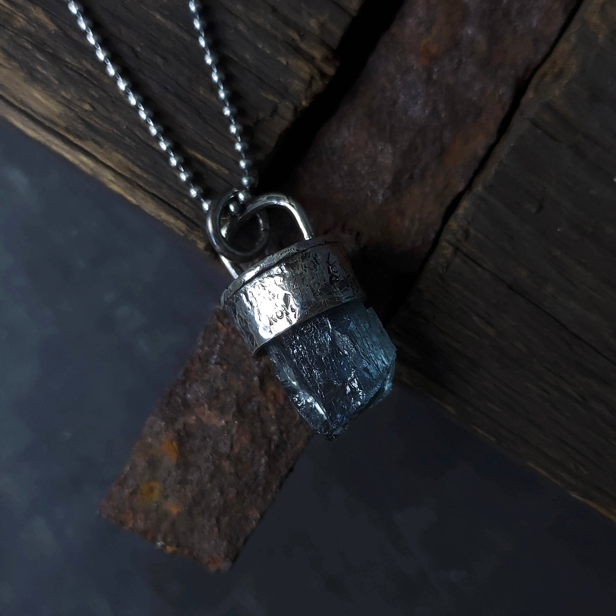 crystal necklace, rough crystal necklace, silver necklace with aquamarine gemstone by roff jewellery