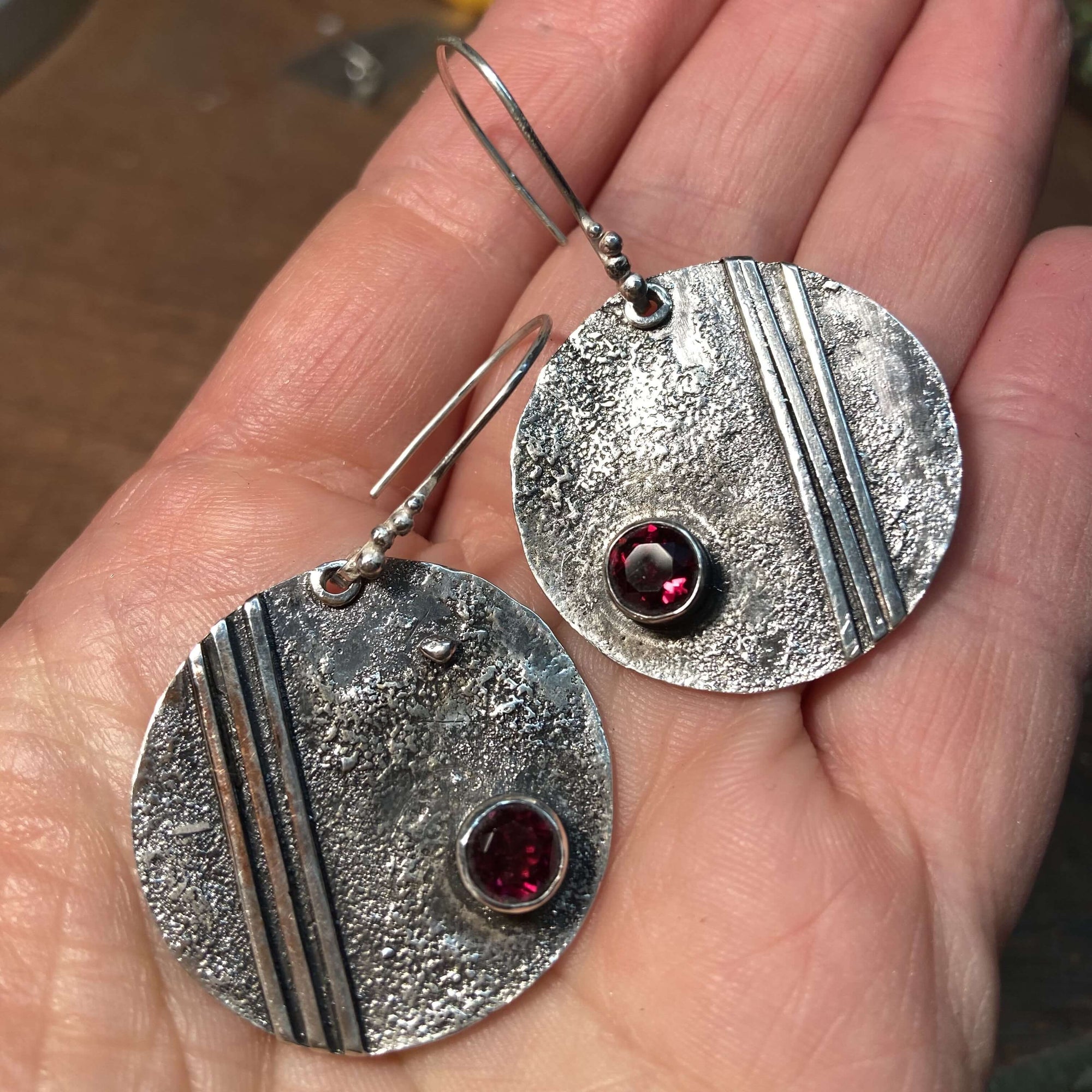 dark silver drop earrings, boho earrings with red gemstones, artisan made by roffjewellery.com